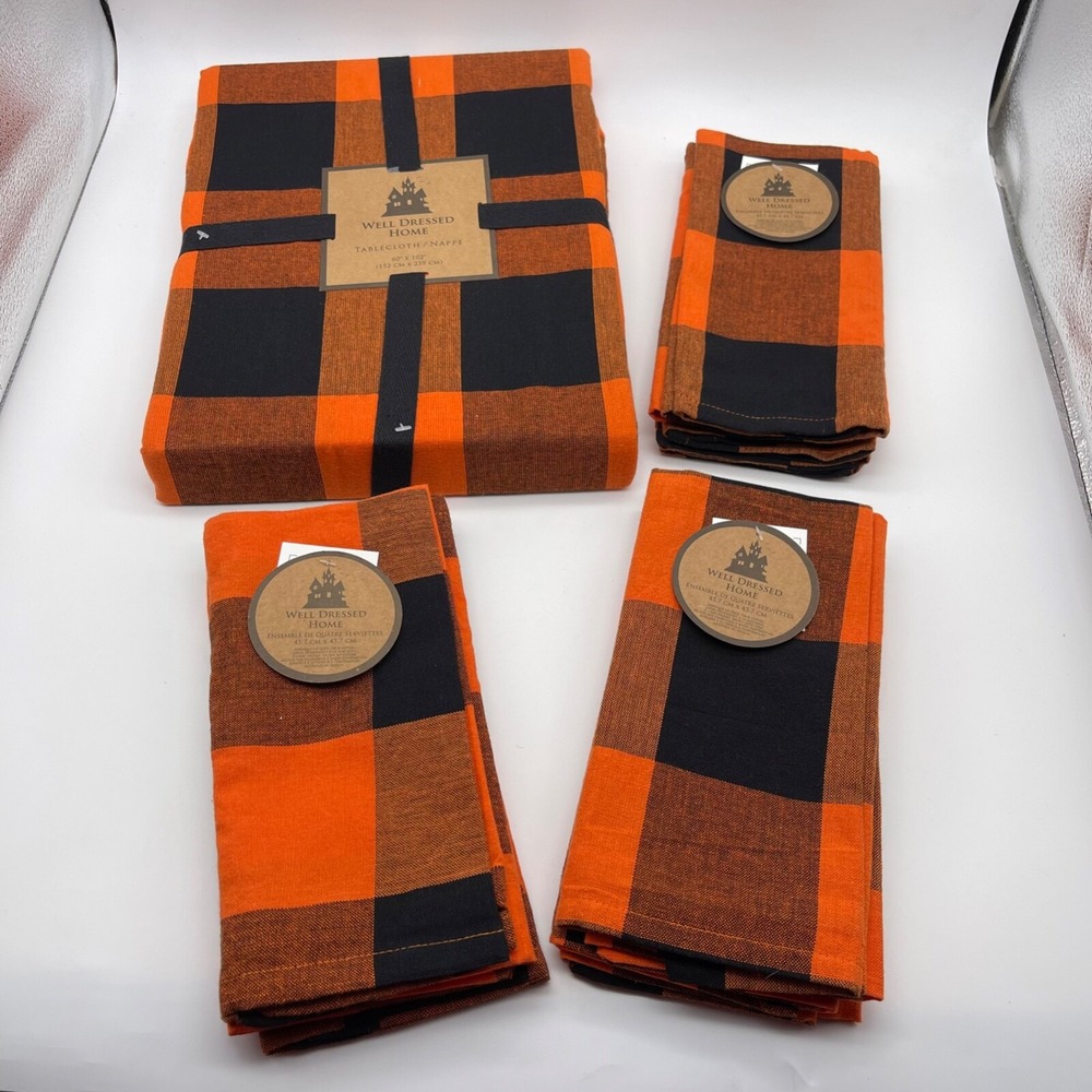 Well Dressed‎ Home Fall Black & Orange Plaid Tablecloth and 12 Napkins Set